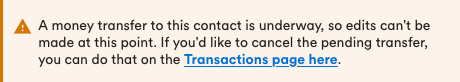 Screenshot of Tangerine warning message when trying to send an e-transfer with a changed password while a transfer is still pending for the same contact